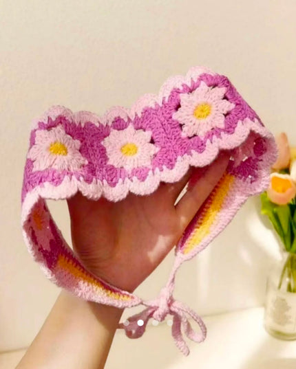Handmade Pink Crochet Floral Headband for Women & Girls | Korean Daisy Knitted Hair Scarf Bandana with Tie-Up Straps (VT-100)