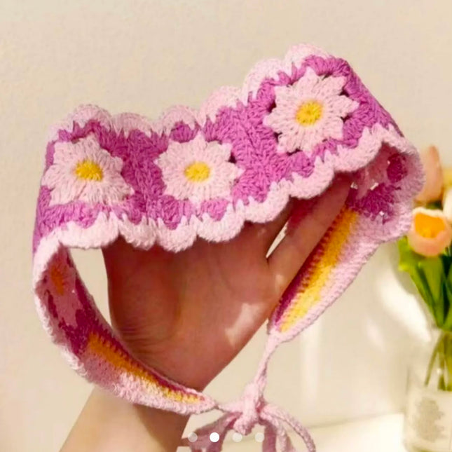 Handmade Pink Crochet Floral Headband for Women & Girls | Korean Daisy Knitted Hair Scarf Bandana with Tie-Up Straps (VT-100)
