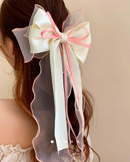 Korean Multi-Layered Satin & Organza Ribbon Hair Bow Clip | Off-White & Pink Oversized Bow Hair Pin for Women & Girls (VT-101)