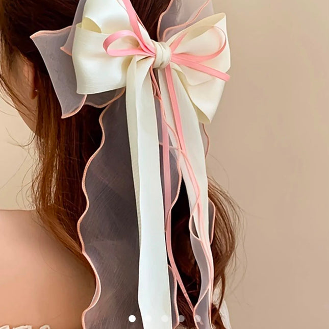 Korean Multi-Layered Satin & Organza Ribbon Hair Bow Clip | Off-White & Pink Oversized Bow Hair Pin for Women & Girls (VT-101)
