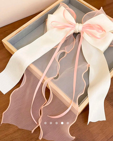 Korean Multi-Layered Satin & Organza Ribbon Hair Bow Clip | Off-White & Pink Oversized Bow Hair Pin for Women & Girls (VT-101)
