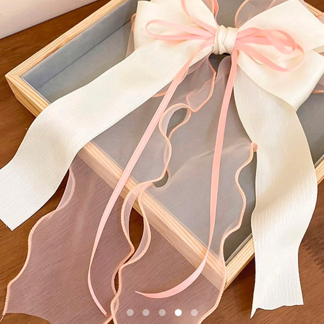 Korean Multi-Layered Satin & Organza Ribbon Hair Bow Clip | Off-White & Pink Oversized Bow Hair Pin for Women & Girls (VT-101)