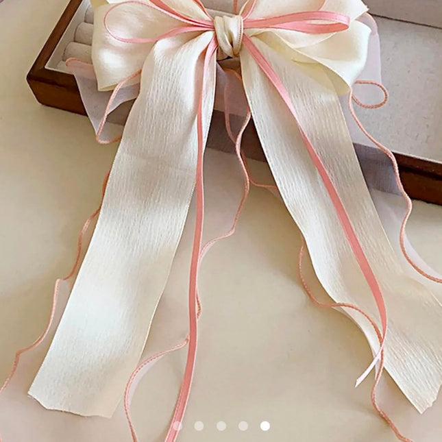 Korean Multi-Layered Satin & Organza Ribbon Hair Bow Clip | Off-White & Pink Oversized Bow Hair Pin for Women & Girls (VT-101)