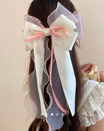 Korean Multi-Layered Satin & Organza Ribbon Hair Bow Clip | Off-White & Pink Oversized Bow Hair Pin for Women & Girls (VT-101)