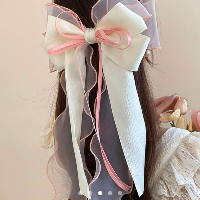 Korean Multi-Layered Satin & Organza Ribbon Hair Bow Clip | Off-White & Pink Oversized Bow Hair Pin for Women & Girls (VT-101)