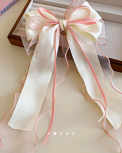 Korean Multi-Layered Satin & Organza Ribbon Hair Bow Clip | Off-White & Pink Oversized Bow Hair Pin for Women & Girls (VT-101)