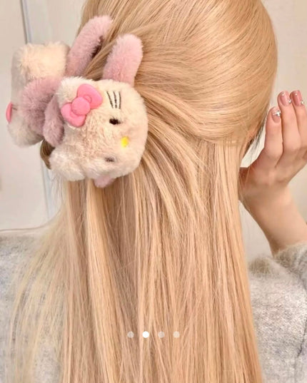 Cute Plush Kitty Furry Hair Claw Clip for Women & Girls | Korean Soft Fluffy Anime Character Hair Catch Clip Accessories (VT-103)