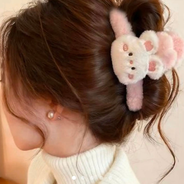 Cute Plush Bunny Furry Hair Claw Clip for Women & Girls | Korean Soft Fluffy Rabbit Character Hair Catch Clip Accessories (VT-104)
