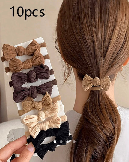 Pack of 10 Korean Fabric Bow Hair Bands for Women & Girls | Neutral Aesthetic Elastic Ponytail Holder Rubber Bands Combo (VT-105)