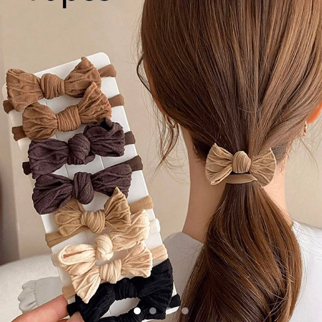 Pack of 10 Korean Fabric Bow Hair Bands for Women & Girls | Neutral Aesthetic Elastic Ponytail Holder Rubber Bands Combo (VT-105)