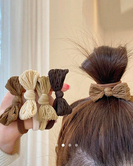 Pack of 10 Korean Fabric Bow Hair Bands for Women & Girls | Neutral Aesthetic Elastic Ponytail Holder Rubber Bands Combo (VT-105)