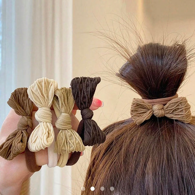 Pack of 10 Korean Fabric Bow Hair Bands for Women & Girls | Neutral Aesthetic Elastic Ponytail Holder Rubber Bands Combo (VT-105)