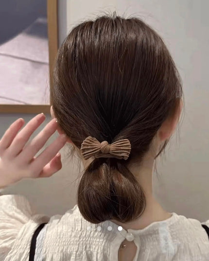 Pack of 10 Korean Fabric Bow Hair Bands for Women & Girls | Neutral Aesthetic Elastic Ponytail Holder Rubber Bands Combo (VT-105)