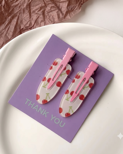 Pack of 2 Korean Cute Cherry Print No-Bend Hair Clips | Clear Acrylic Alligator Side Pin Makeup Clips for Women & Girls (VT-106)