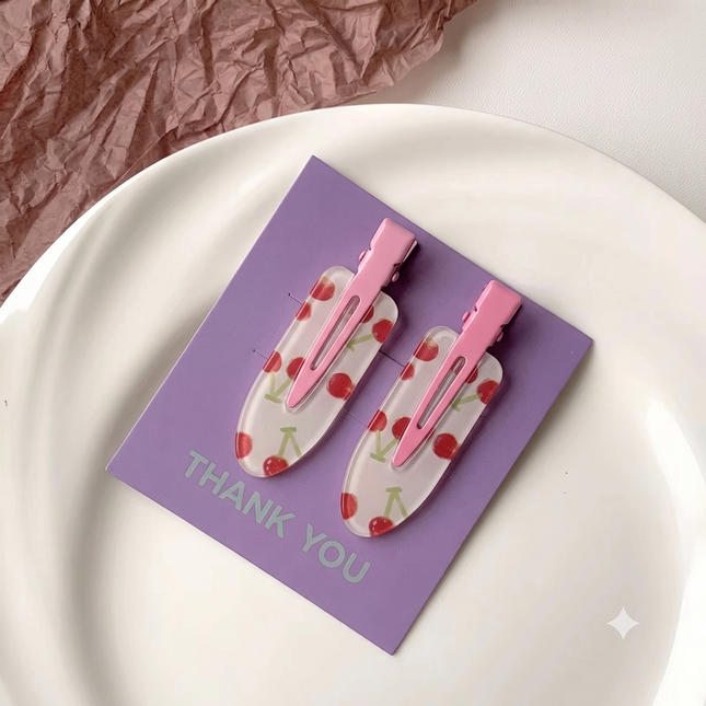 Pack of 2 Korean Cute Cherry Print No-Bend Hair Clips | Clear Acrylic Alligator Side Pin Makeup Clips for Women & Girls (VT-106)