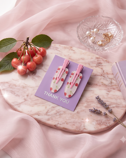Pack of 2 Korean Cute Cherry Print No-Bend Hair Clips | Clear Acrylic Alligator Side Pin Makeup Clips for Women & Girls (VT-106)