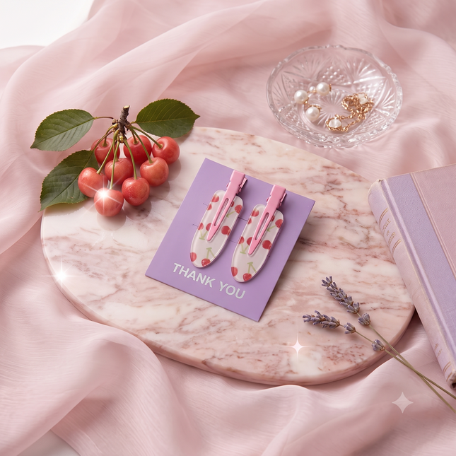Pack of 2 Korean Cute Cherry Print No-Bend Hair Clips | Clear Acrylic Alligator Side Pin Makeup Clips for Women & Girls (VT-106)