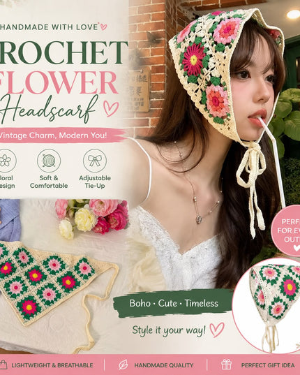 Handmade Floral Crochet Triangle Head Scarf Bandana for Women & Girls | Korean Boho Granny Square Knitted Hair Headband with Tie-Up (VT-107)