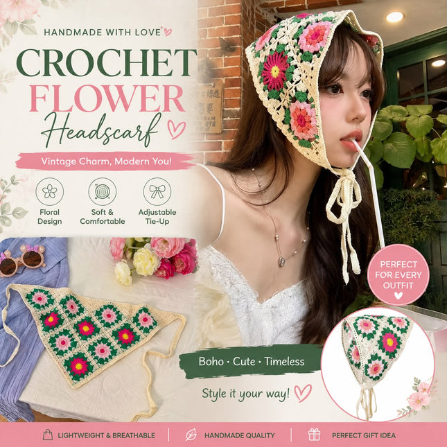 Handmade Floral Crochet Triangle Head Scarf Bandana for Women & Girls | Korean Boho Granny Square Knitted Hair Headband with Tie-Up (VT-107)