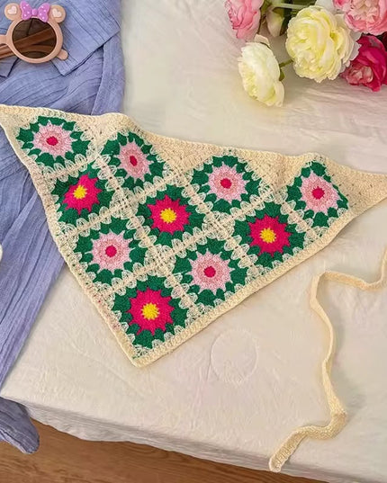 Handmade Floral Crochet Triangle Head Scarf Bandana for Women & Girls | Korean Boho Granny Square Knitted Hair Headband with Tie-Up (VT-107)