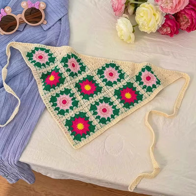 Handmade Floral Crochet Triangle Head Scarf Bandana for Women & Girls | Korean Boho Granny Square Knitted Hair Headband with Tie-Up (VT-107)