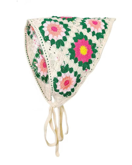 Handmade Floral Crochet Triangle Head Scarf Bandana for Women & Girls | Korean Boho Granny Square Knitted Hair Headband with Tie-Up (VT-107)