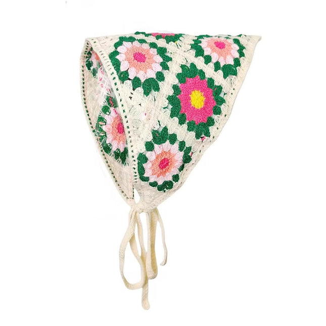 Handmade Floral Crochet Triangle Head Scarf Bandana for Women & Girls | Korean Boho Granny Square Knitted Hair Headband with Tie-Up (VT-107)