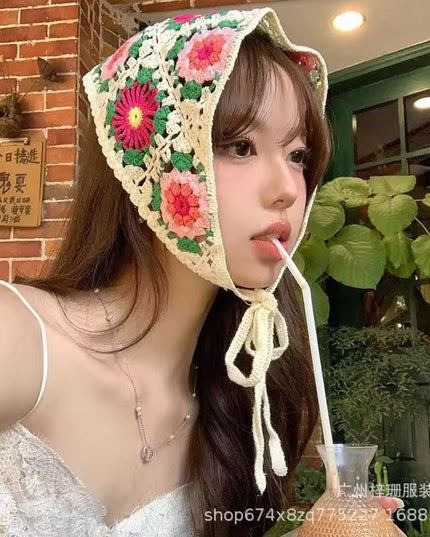Handmade Floral Crochet Triangle Head Scarf Bandana for Women & Girls | Korean Boho Granny Square Knitted Hair Headband with Tie-Up (VT-107)