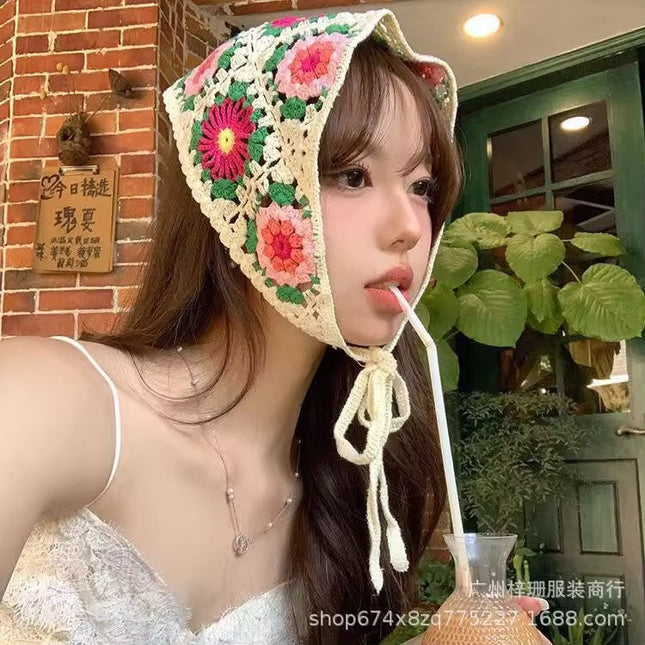 Handmade Floral Crochet Triangle Head Scarf Bandana for Women & Girls | Korean Boho Granny Square Knitted Hair Headband with Tie-Up (VT-107)