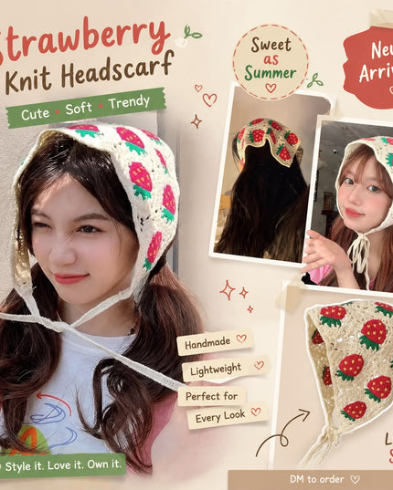 Handmade Strawberry Crochet Knit Head Scarf Bandana for Women & Girls | Korean Cute Fruit Knitted Triangle Headband with Tie-Up Straps (VT-108)