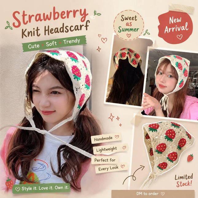 Handmade Strawberry Crochet Knit Head Scarf Bandana for Women & Girls | Korean Cute Fruit Knitted Triangle Headband with Tie-Up Straps (VT-108)