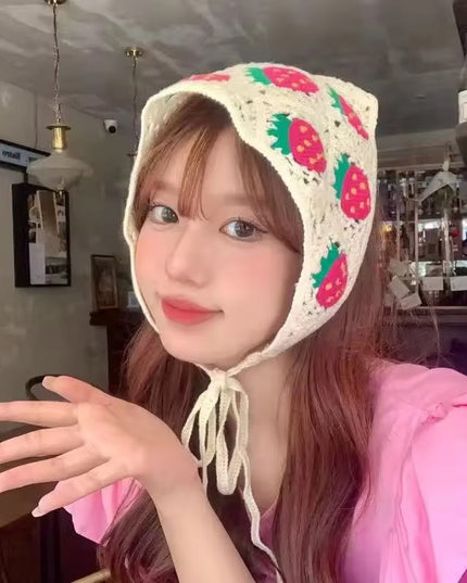 Handmade Strawberry Crochet Knit Head Scarf Bandana for Women & Girls | Korean Cute Fruit Knitted Triangle Headband with Tie-Up Straps (VT-108)