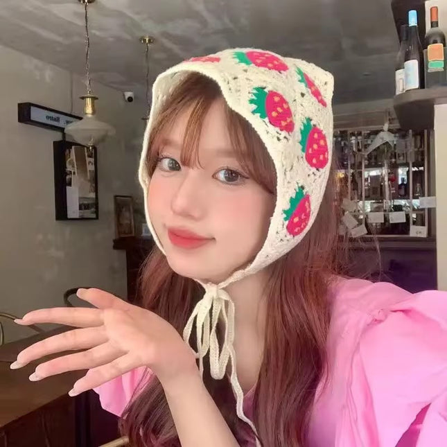 Handmade Strawberry Crochet Knit Head Scarf Bandana for Women & Girls | Korean Cute Fruit Knitted Triangle Headband with Tie-Up Straps (VT-108)