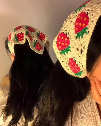 Handmade Strawberry Crochet Knit Head Scarf Bandana for Women & Girls | Korean Cute Fruit Knitted Triangle Headband with Tie-Up Straps (VT-108)