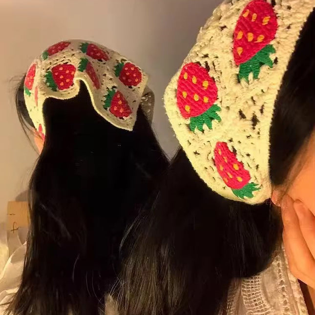 Handmade Strawberry Crochet Knit Head Scarf Bandana for Women & Girls | Korean Cute Fruit Knitted Triangle Headband with Tie-Up Straps (VT-108)