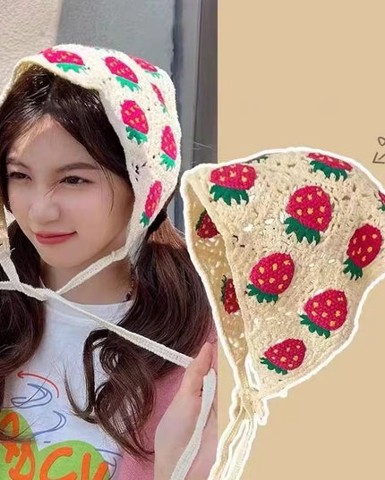 Handmade Strawberry Crochet Knit Head Scarf Bandana for Women & Girls | Korean Cute Fruit Knitted Triangle Headband with Tie-Up Straps (VT-108)