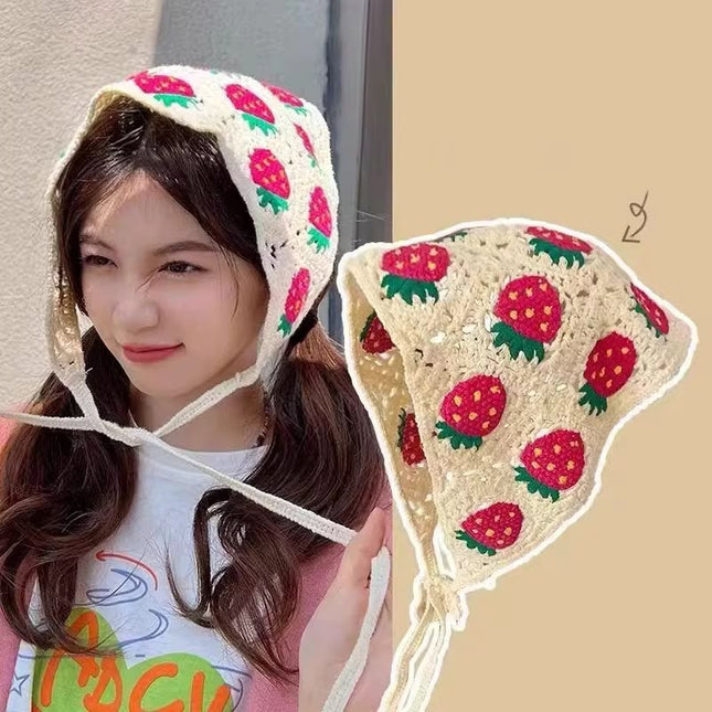 Handmade Strawberry Crochet Knit Head Scarf Bandana for Women & Girls | Korean Cute Fruit Knitted Triangle Headband with Tie-Up Straps (VT-108)