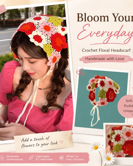 Handmade Colorful Floral Crochet Head Scarf Bandana for Women & Girls | Korean Boho 3D Flower Knitted Triangle Hair Wrap with Tie-Up Straps (VT-109)
