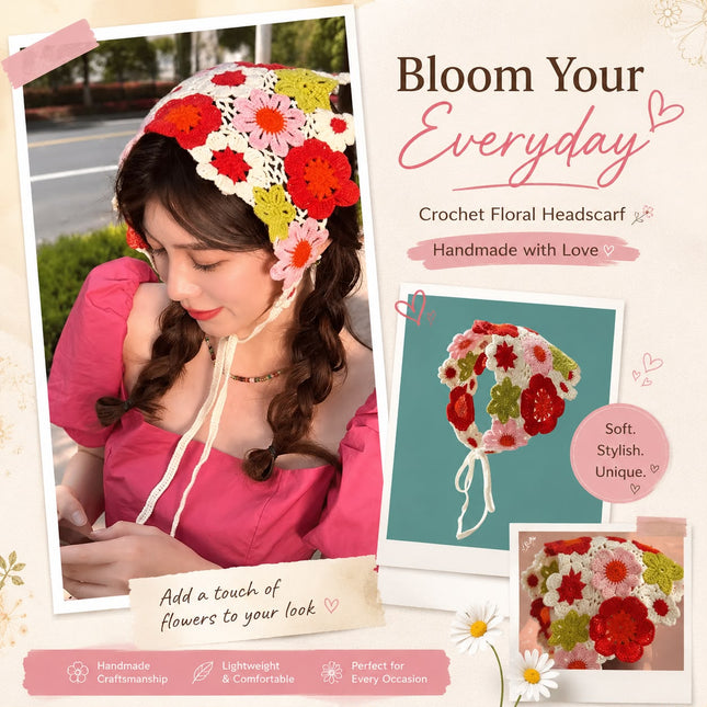 Handmade Colorful Floral Crochet Head Scarf Bandana for Women & Girls | Korean Boho 3D Flower Knitted Triangle Hair Wrap with Tie-Up Straps (VT-109)