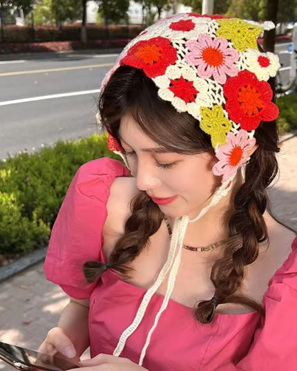 Handmade Colorful Floral Crochet Head Scarf Bandana for Women & Girls | Korean Boho 3D Flower Knitted Triangle Hair Wrap with Tie-Up Straps (VT-109)