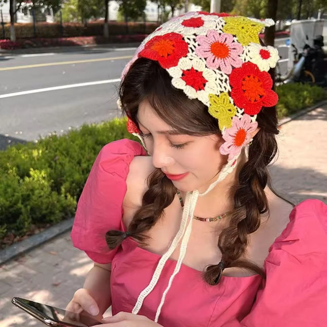 Handmade Colorful Floral Crochet Head Scarf Bandana for Women & Girls | Korean Boho 3D Flower Knitted Triangle Hair Wrap with Tie-Up Straps (VT-109)