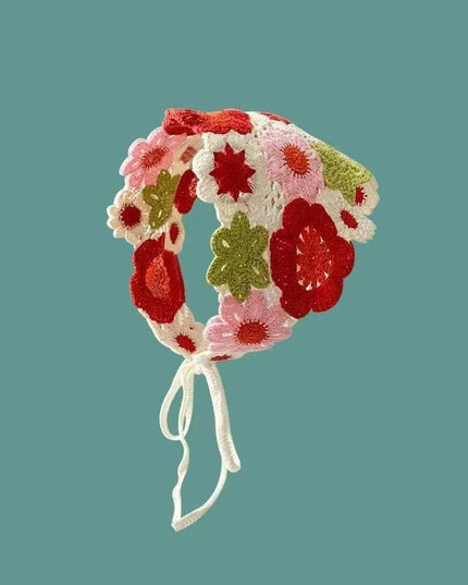 Handmade Colorful Floral Crochet Head Scarf Bandana for Women & Girls | Korean Boho 3D Flower Knitted Triangle Hair Wrap with Tie-Up Straps (VT-109)