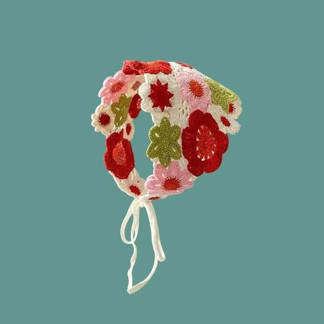 Handmade Colorful Floral Crochet Head Scarf Bandana for Women & Girls | Korean Boho 3D Flower Knitted Triangle Hair Wrap with Tie-Up Straps (VT-109)