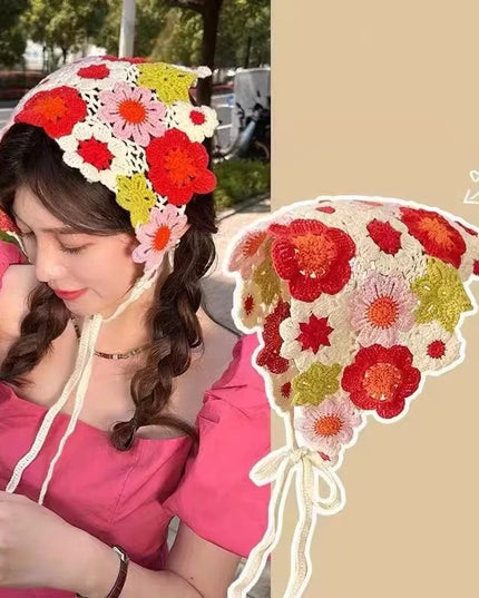 Handmade Colorful Floral Crochet Head Scarf Bandana for Women & Girls | Korean Boho 3D Flower Knitted Triangle Hair Wrap with Tie-Up Straps (VT-109)