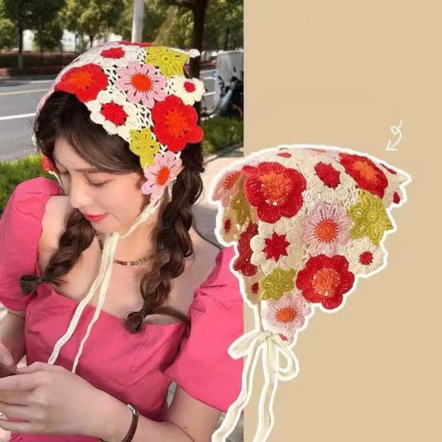 Handmade Colorful Floral Crochet Head Scarf Bandana for Women & Girls | Korean Boho 3D Flower Knitted Triangle Hair Wrap with Tie-Up Straps (VT-109)
