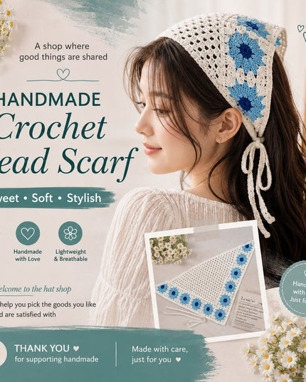 Handmade Blue Floral Crochet Triangle Head Scarf Bandana for Women & Girls | Korean Daisy Knit Hair Wrap Headband with Tie-Up Straps (VT-110)