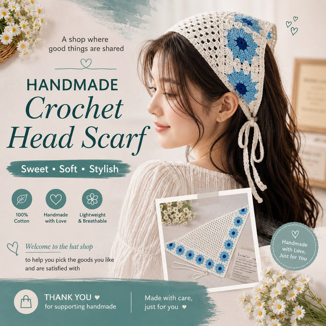 Handmade Blue Floral Crochet Triangle Head Scarf Bandana for Women & Girls | Korean Daisy Knit Hair Wrap Headband with Tie-Up Straps (VT-110)