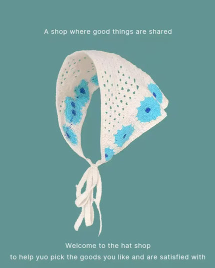 Handmade Blue Floral Crochet Triangle Head Scarf Bandana for Women & Girls | Korean Daisy Knit Hair Wrap Headband with Tie-Up Straps (VT-110)