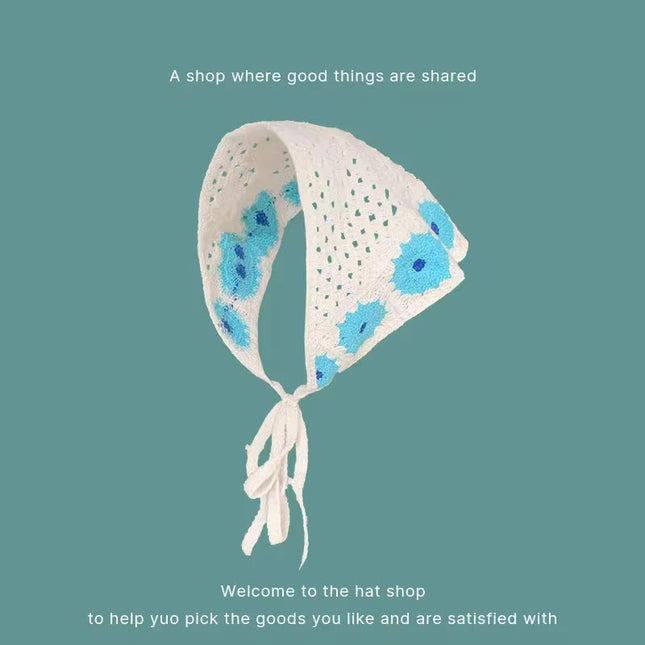 Handmade Blue Floral Crochet Triangle Head Scarf Bandana for Women & Girls | Korean Daisy Knit Hair Wrap Headband with Tie-Up Straps (VT-110)