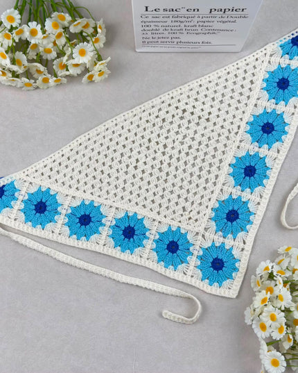 Handmade Blue Floral Crochet Triangle Head Scarf Bandana for Women & Girls | Korean Daisy Knit Hair Wrap Headband with Tie-Up Straps (VT-110)